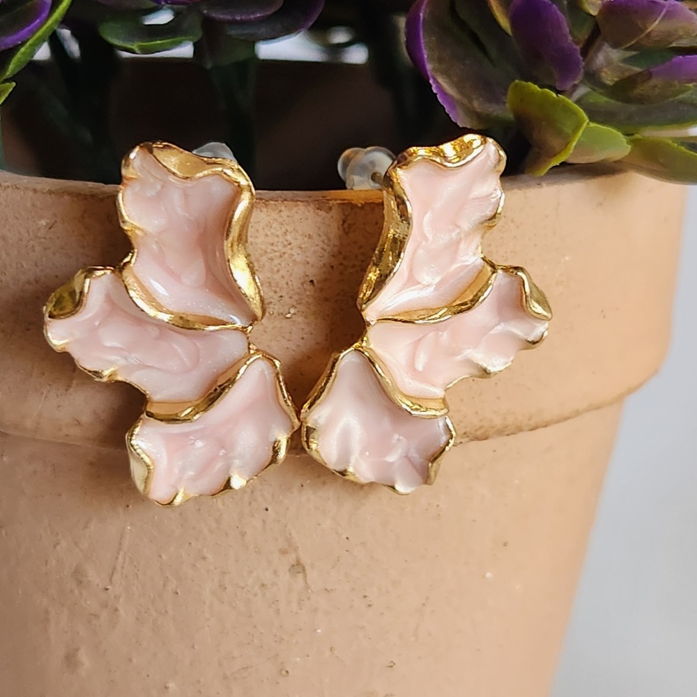 Pinkā Enamel Gold Petal Stud Earrings Floral Sculptural Statement Jewelry